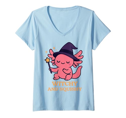 Damen Kawaii Axolotl mit Hexenhut Halloween Witchy and Squishy T-Shirt mit V-Ausschnitt Damen Kawaii Axolotl mit Hexenhut Halloween Witchy and Squishy T-Shirt mit V-Ausschnitt von Axolotl Vibes by Christine-Krahl