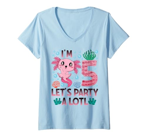 Damen Ich Bin 5 Bday Axolotl Party süßes 5. Geburtstagsmädchen Axolotl Kinder T-Shirt mit V-Ausschnitt von Axolotl birthday let's party a lotl