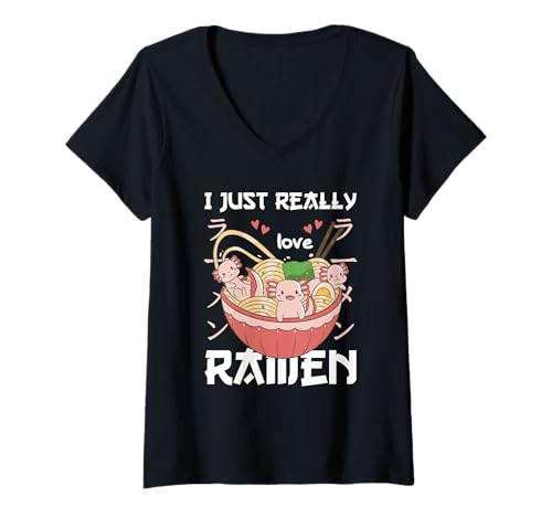 Damen Axolotl mit Nudeln Ramen Kawaii Axolotl T-Shirt mit V-Ausschnitt Damen Axolotl mit Nudeln Ramen Kawaii Axolotl T-Shirt mit V-Ausschnitt von Axolotl essen Ramen kawaii Anime Tiere