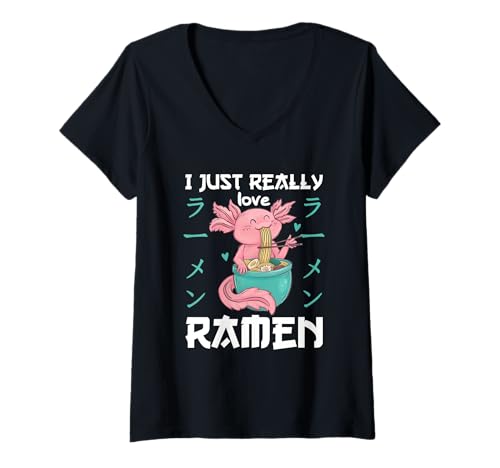 Damen Axolotl mit Nudeln Ramen Kawaii Axolotl T-Shirt mit V-Ausschnitt Damen Axolotl mit Nudeln Ramen Kawaii Axolotl T-Shirt mit V-Ausschnitt von Axolotl essen Ramen kawaii Anime Tiere