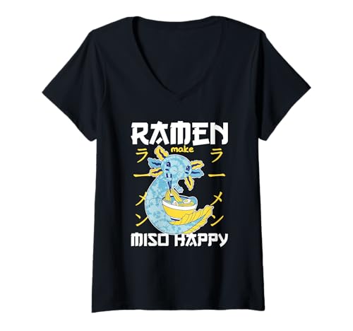 Damen Axolotl mit Nudeln Ramen Kawaii Axolotl T-Shirt mit V-Ausschnitt von Axolotl essen Ramen kawaii Anime Tiere
