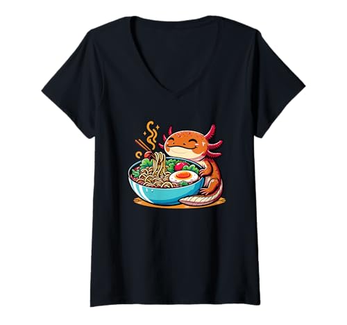 Damen Axolotl mit Nudeln Ramen Kawaii Axolotl T-Shirt mit V-Ausschnitt Damen Axolotl mit Nudeln Ramen Kawaii Axolotl T-Shirt mit V-Ausschnitt von Axolotl essen Ramen kawaii Anime Tiere