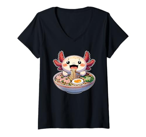 Damen Axolotl mit Nudeln Ramen Kawaii Axolotl T-Shirt mit V-Ausschnitt Damen Axolotl mit Nudeln Ramen Kawaii Axolotl T-Shirt mit V-Ausschnitt von Axolotl essen Ramen kawaii Anime Tiere