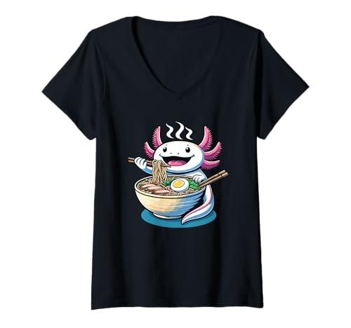 Damen Axolotl mit Nudeln Ramen Kawaii Axolotl T-Shirt mit V-Ausschnitt Damen Axolotl mit Nudeln Ramen Kawaii Axolotl T-Shirt mit V-Ausschnitt von Axolotl essen Ramen kawaii Anime Tiere