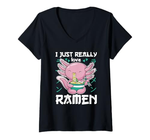 Damen Axolotl mit Nudeln Ramen Kawaii Axolotl T-Shirt mit V-Ausschnitt Damen Axolotl mit Nudeln Ramen Kawaii Axolotl T-Shirt mit V-Ausschnitt von Axolotl essen Ramen kawaii Anime Tiere