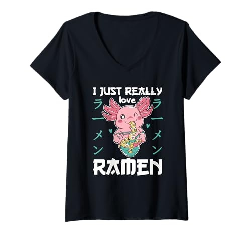 Damen Axolotl mit Nudeln Ramen Kawaii Axolotl T-Shirt mit V-Ausschnitt Damen Axolotl mit Nudeln Ramen Kawaii Axolotl T-Shirt mit V-Ausschnitt von Axolotl essen Ramen kawaii Anime Tiere