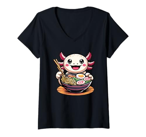Damen Axolotl mit Nudeln Ramen Kawaii Axolotl T-Shirt mit V-Ausschnitt Damen Axolotl mit Nudeln Ramen Kawaii Axolotl T-Shirt mit V-Ausschnitt von Axolotl essen Ramen kawaii Anime Tiere