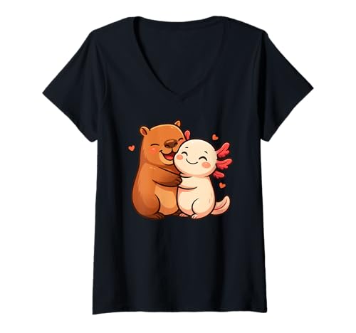 Damen Capybara Axolotl Tierliebhaber Valentinstag BFF Jungen Mädchen Kinder T-Shirt mit V-Ausschnitt von AxolotlAxis1