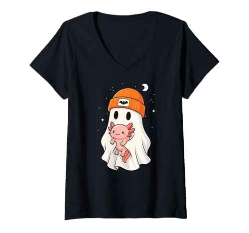 Damen Ghost Axolotl Tierliebhaber Halloween Beenie Hut Jungen Mädchen T-Shirt mit V-Ausschnitt Damen Ghost Axolotl Tierliebhaber Halloween Beenie Hut Jungen Mädchen T-Shirt mit V-Ausschnitt von AxolotlAxis1