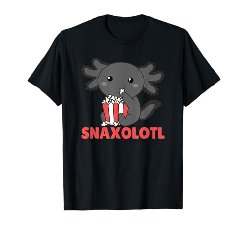 Axolotls Kawaii Animals Amphibian Snaxolotl Axolotl Liebhaber niedliche Tiere essen Popcorn Schwarz Cartoon Kurzarm T-Shirt für Mädchen und Frauen, Klein, Unisex, Klassisch, Schwarz, 1 Count von Axolotls Kawaii Animals Amphibian