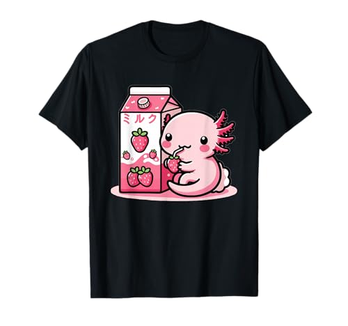 Axolotls Kawaii Tiere Lurch & Molch Designs Damen Anime Kawaii Tier T-Shirt Schwarz Klein EU S Kurzarm T-Shirt von Axolotls Kawaii Tiere Lurch & Molch Designs