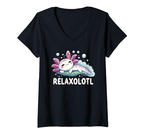 Damen Relaxolotl Axolotl Liebhaber süße Tiere relaxen süße Axolotl T-Shirt mit V-Ausschnitt von Axolotls Kawaii Tiere Lurch & Molch Designs