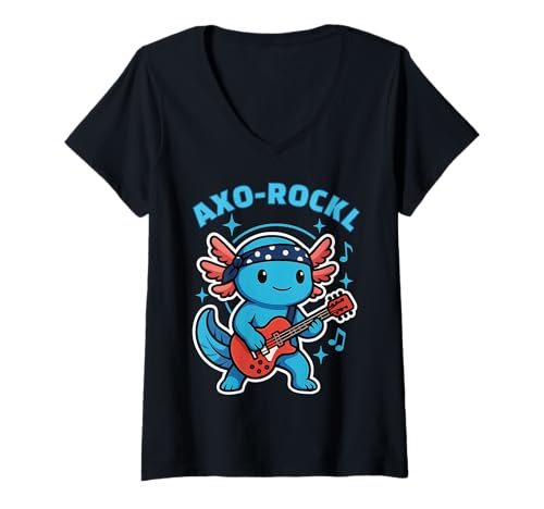 Damen AXO-Rockl Kawaii Axolotl spielt E Gitarre Süßer Rock Musiker T-Shirt mit V-Ausschnitt Damen AXO-Rockl Kawaii Axolotl spielt E Gitarre Süßer Rock Musiker T-Shirt mit V-Ausschnitt von Axorockl Süßes Axolotl Gitarre Kawaii Rock Musik