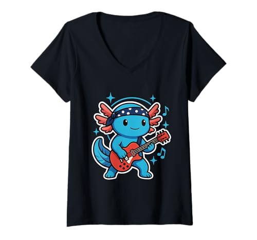 Damen Kawaii Axolotl spielt E Gitarre Süßer Rock Musiker T-Shirt mit V-Ausschnitt von Axorockl Süßes Axolotl Gitarre Kawaii Rock Musik