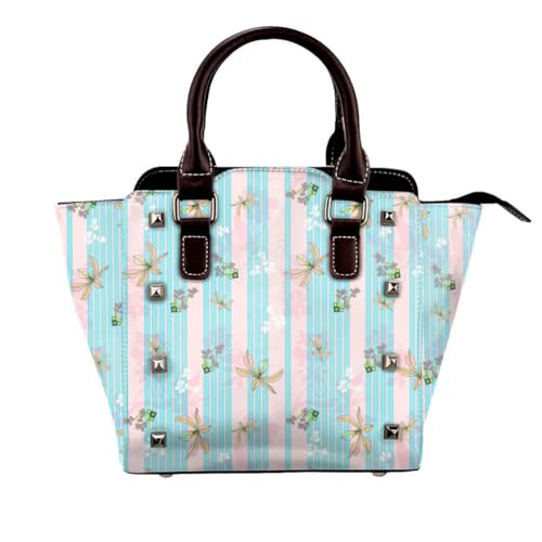 Striped Blumen -Satchel -Handtasche Für Frauen Top Griff Tasche Mit Verstellbarem Schultergurt Vielseitig Die Arbeit, Reise,Blau von Axrrl