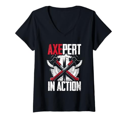Damen Axtwerfen Holzfäller Beil Zielwurf Axepert in Action T-Shirt mit V-Ausschnitt von Axtwerfen Holzfäller Beil Zielwurf