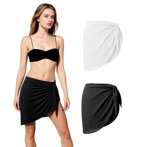 Axvxby 2 Stück Damen Strand Wrap Sarong, Bikini Cover up, Vertuschung Chiffon Badeanzug Kurz, Sheer Bikini Badeanzug Cover Ups, Strand Wickelrock Sarong L-XXL (Schwarz und Weiß) von Axvxby