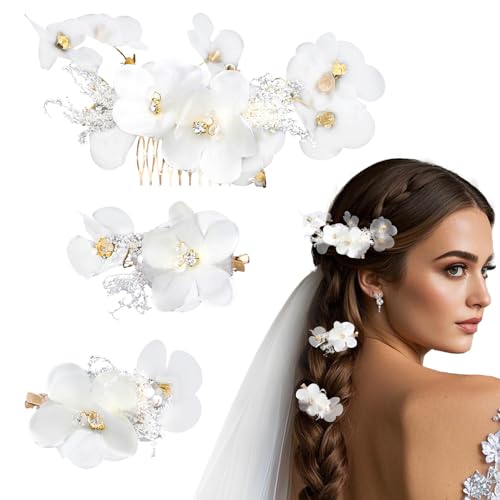 Axvxby 3-teiliges Haarschmuck Set, Hochzeit Haarschmuck Set, Blumen Hochzeitsschmuck, weiß Braut Haarkamm und Haarklammer von Axvxby