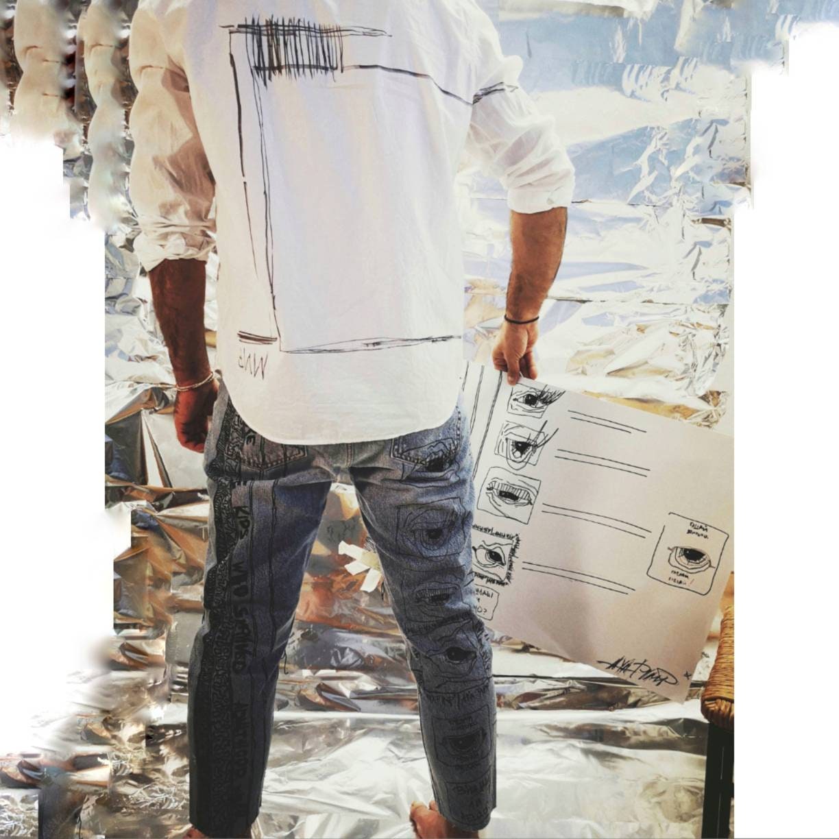 Baumwolle Blue Jeans, Minimalismus Linie Srawing, Urban Style, Abstrakte Malerei Baumwolle Blue Jeans, Minimalismus Linie Srawing, Urban Style, Abstrakte Malerei von AyaPimpXXX