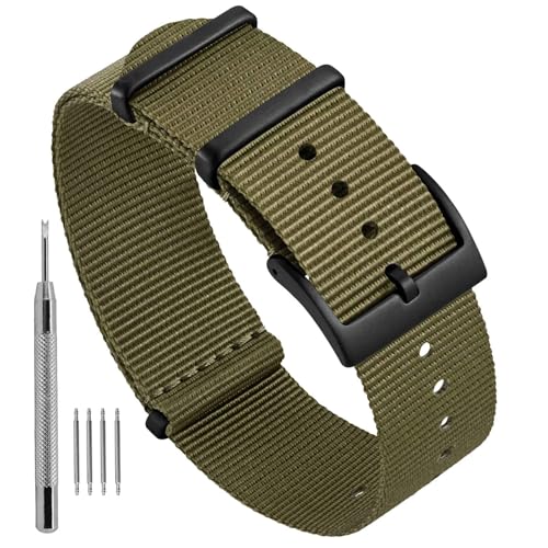 Ayadoo 20mm Armeegrün Einteilige Nylon-Uhrenarmbänder für Herren und Damen, Ersatzbänder mit Schwarze Schnalle von Ayadoo