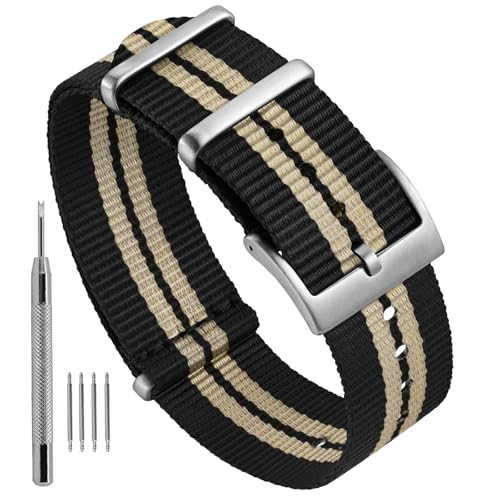 Ayadoo 20mm Schwarz und Beige Einteilige Nylon-Uhrenarmbänder für Herren und Damen, Ersatzbänder mit Silberner Schnalle von Ayadoo