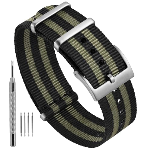 Ayadoo 20mm Schwarz und Dunkelgrau Einteilige Nylon-Uhrenarmbänder für Herren und Damen, Ersatzbänder mit Silberner Schnalle von Ayadoo