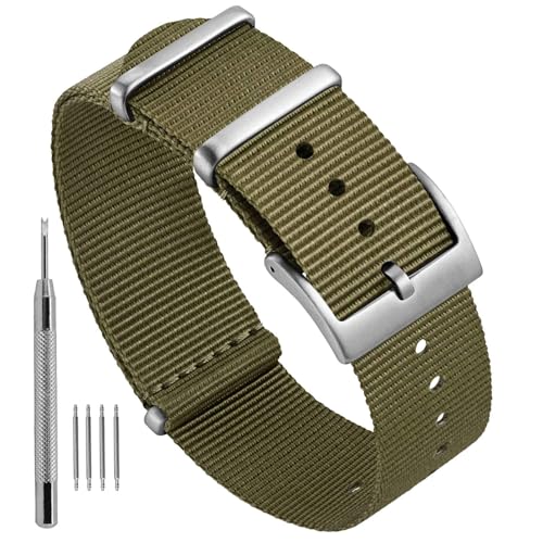 Ayadoo 22mm Armeegrün Einteilige Nylon-Uhrenarmbänder für Herren und Damen, Ersatzbänder mit Silberner Schnalle von Ayadoo