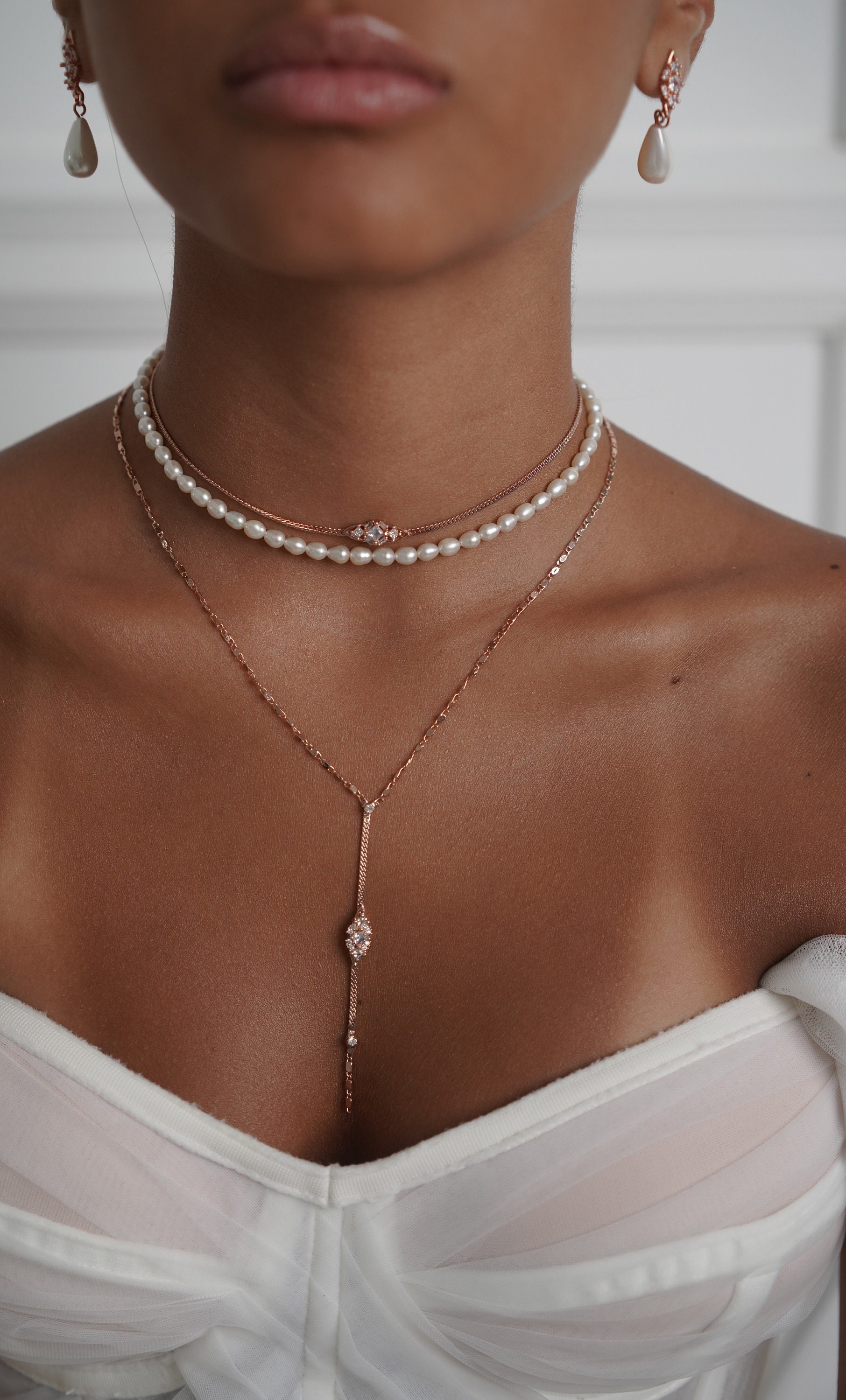 Braut Lariat Halskette, Rosegold Halskette von Ayajewellery