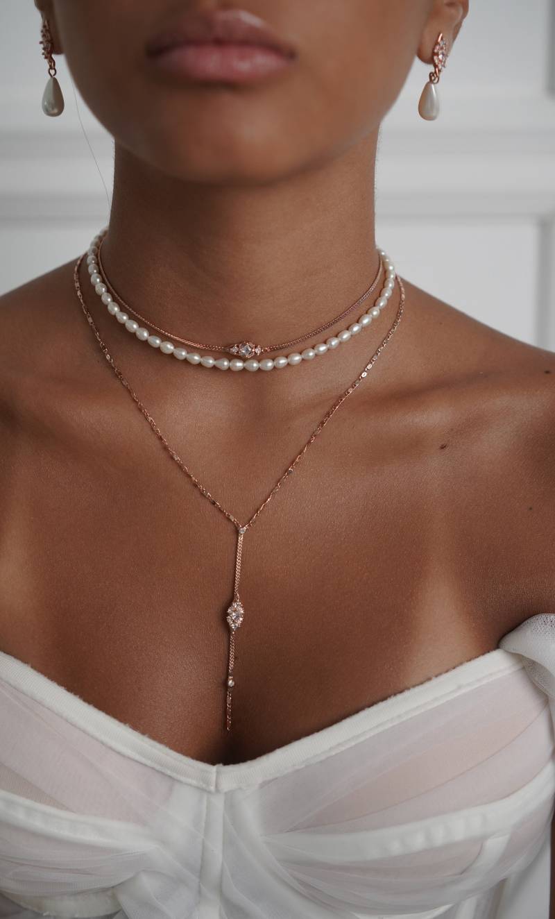 Braut Lariat Halskette, Rosegold Halskette von Ayajewellery
