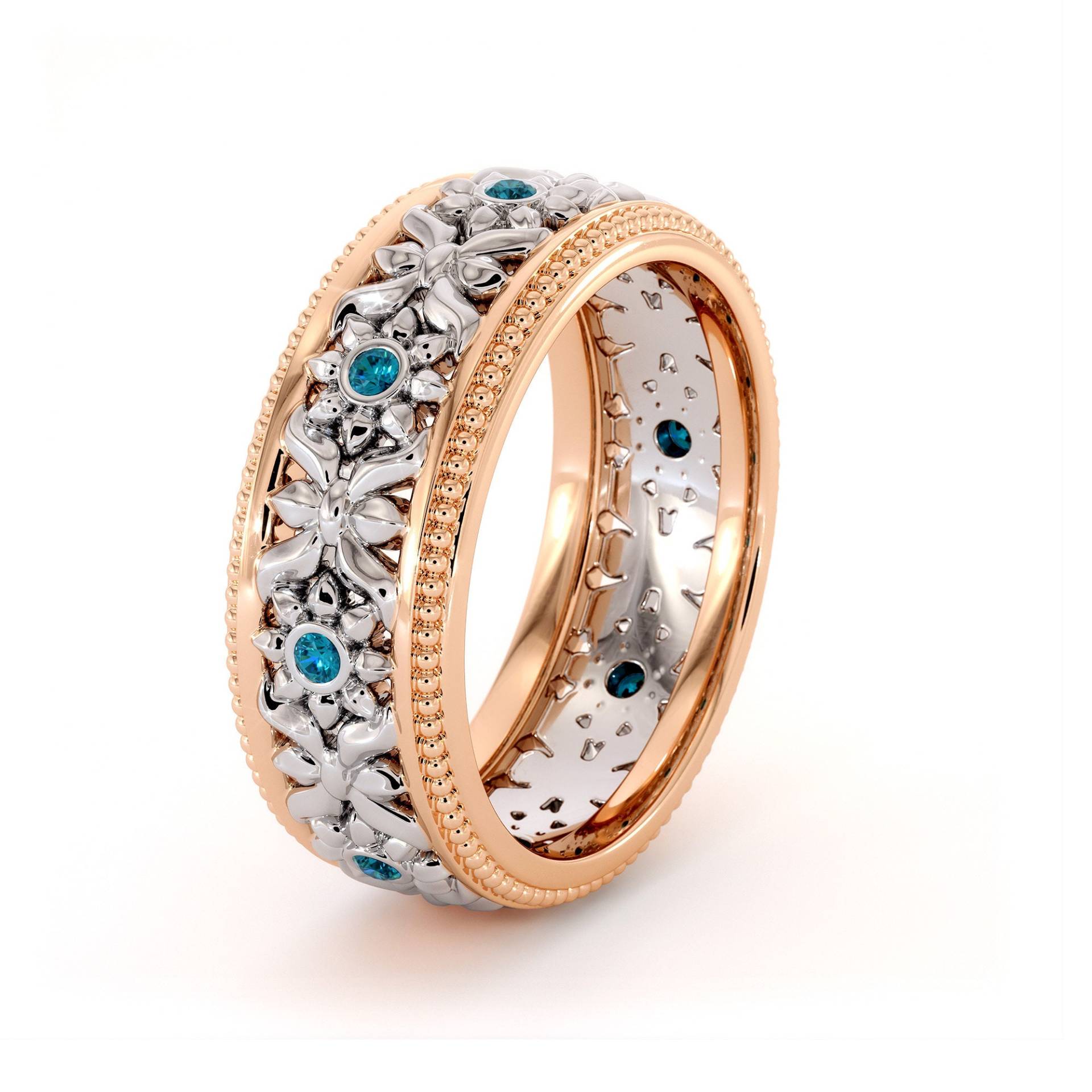 14K Rose & Weißgold Ehering Blauer Diamant Blumenring von AyalaDiamonds