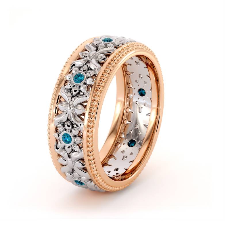 14K Rose & Weißgold Ehering Blauer Diamant Blumenring von AyalaDiamonds