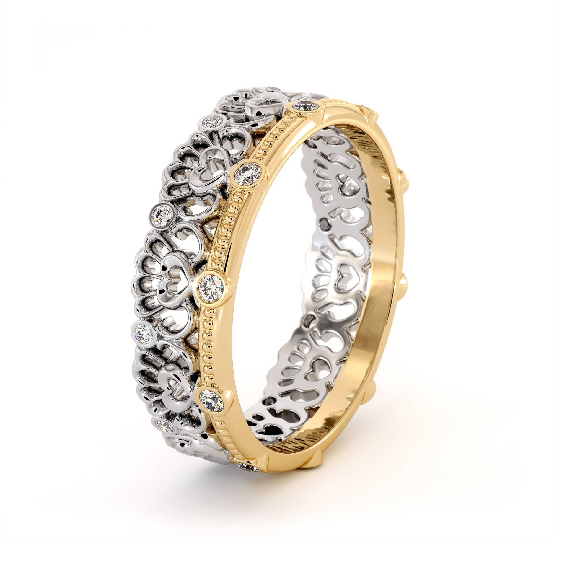 14K Zweifarbiger Gold Ehering Natürlicher Diamant Herz Ring von AyalaDiamonds