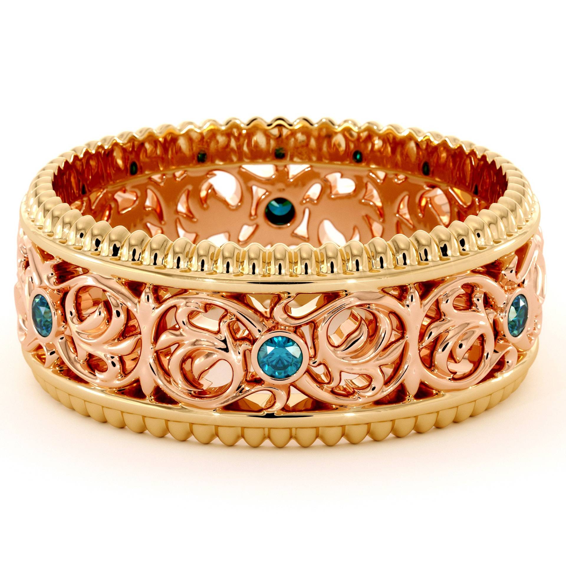 14K Zweifarbiger Gold Herren Ehering Mit Blauen Diamanten von AyalaDiamonds