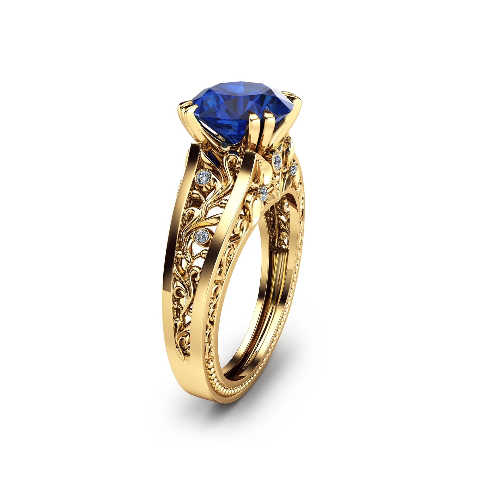 2 Karat Blauer Saphir Verlobungsring Einzigartiger Filigraner 18K Gelbgold Ring von AyalaDiamonds