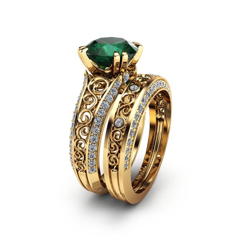 2 Karat Lab Smaragd Verlobungsring Set 14K Gold Filigree Braut Set von AyalaDiamonds