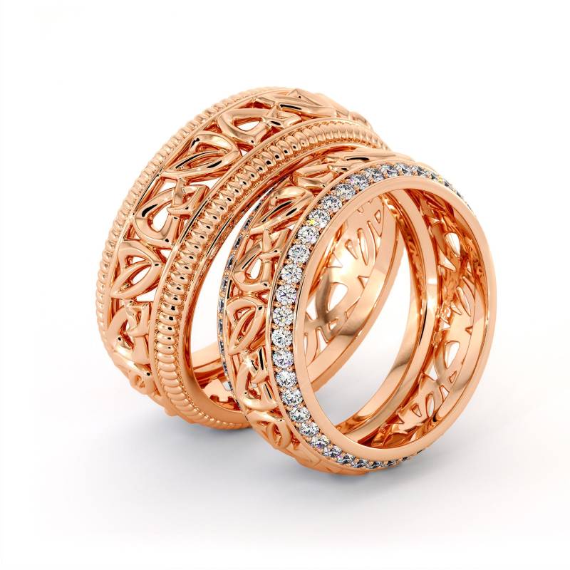 Art Deco 14K Rosegold Trauring Set Diamant Seine Und Ihre Ringe von AyalaDiamonds