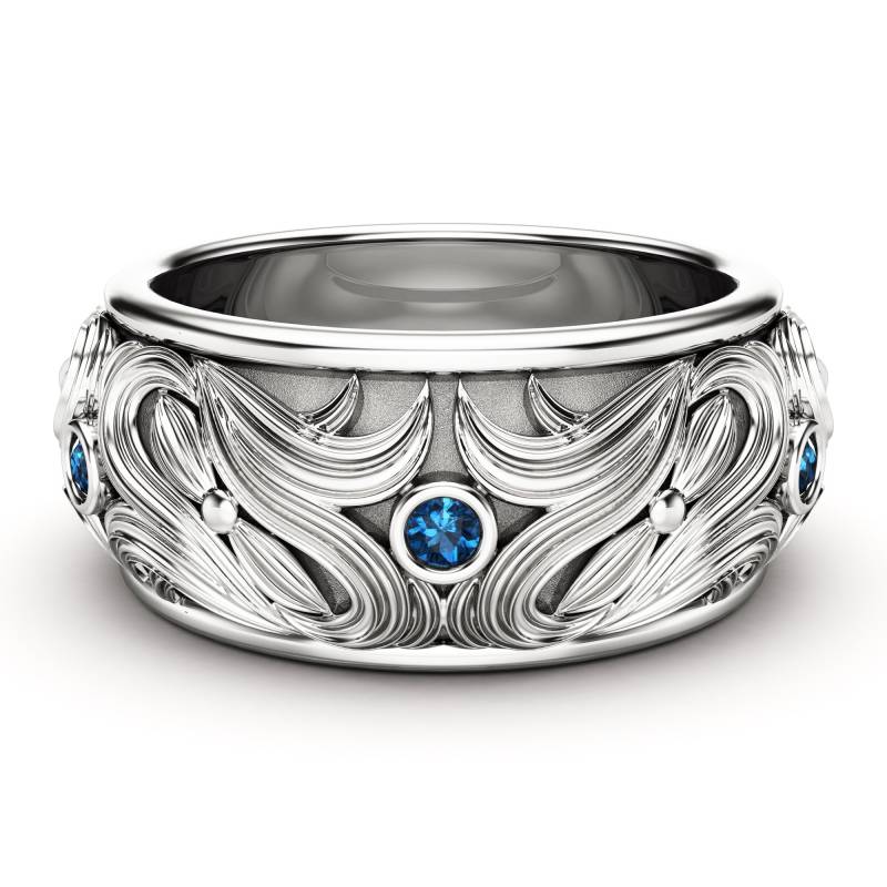 Art Deco Ehering Mit Blauem Diamant 14K Goldring von AyalaDiamonds