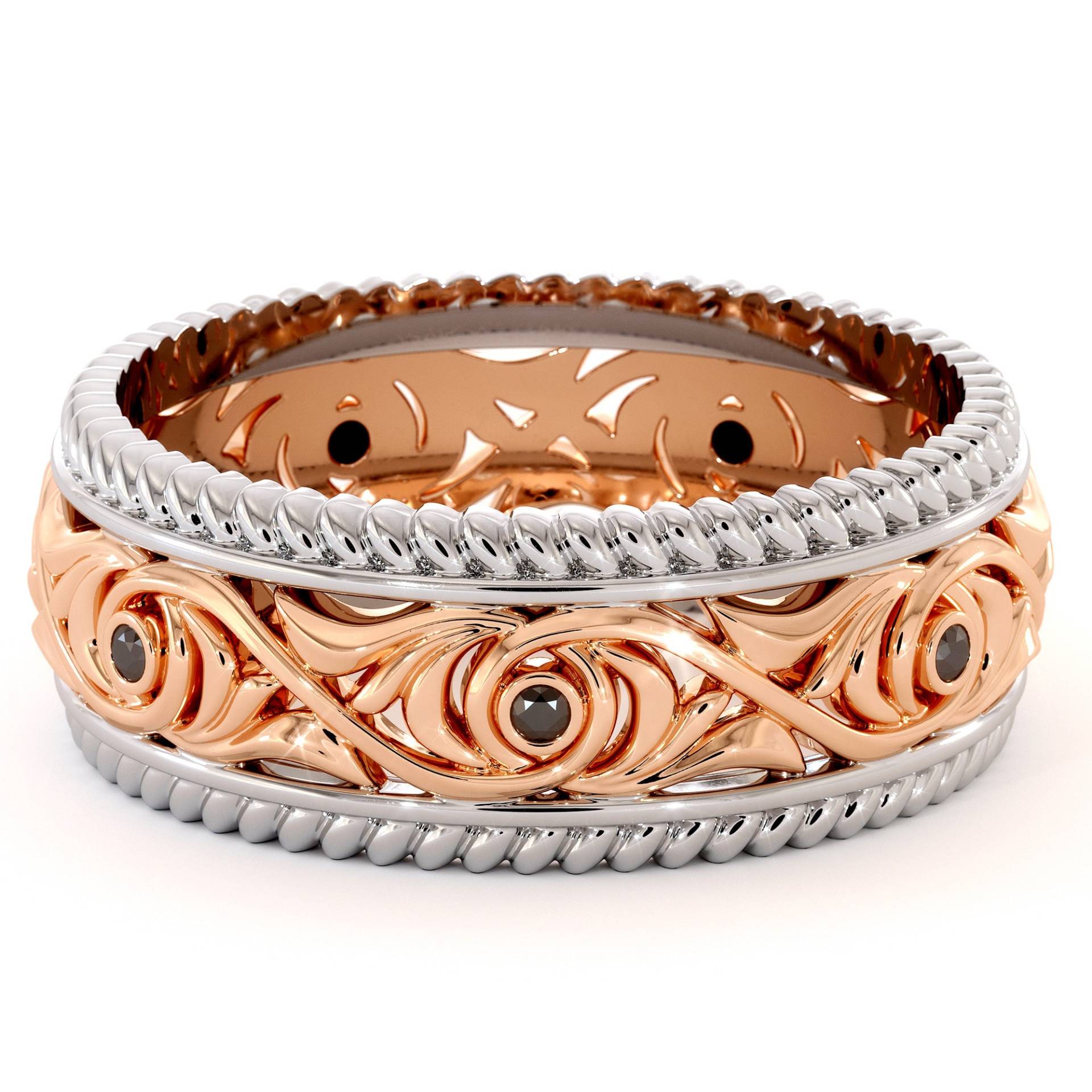 Black Diamond Art Deco Ehering Zweifarbiger 14K Goldring von AyalaDiamonds