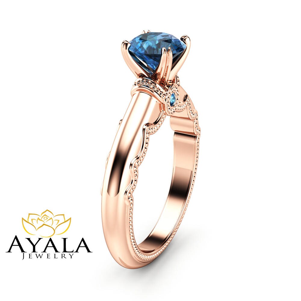 Blauer Diamant Nachlass Verlobungsring 14K Rose Gold Ring Einzigartiger Band Jahrestagsgeschenk von AyalaDiamonds
