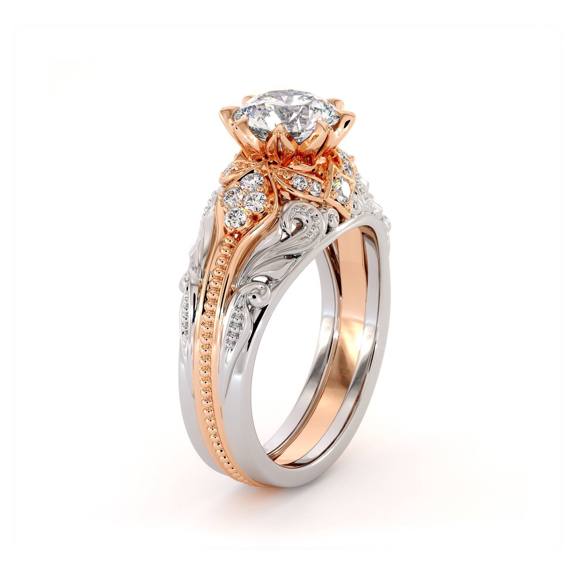 Einzigartiger 1.28 Karat Moissanite Verlobungsring Modern Royal 2 Toned Gold von AyalaDiamonds