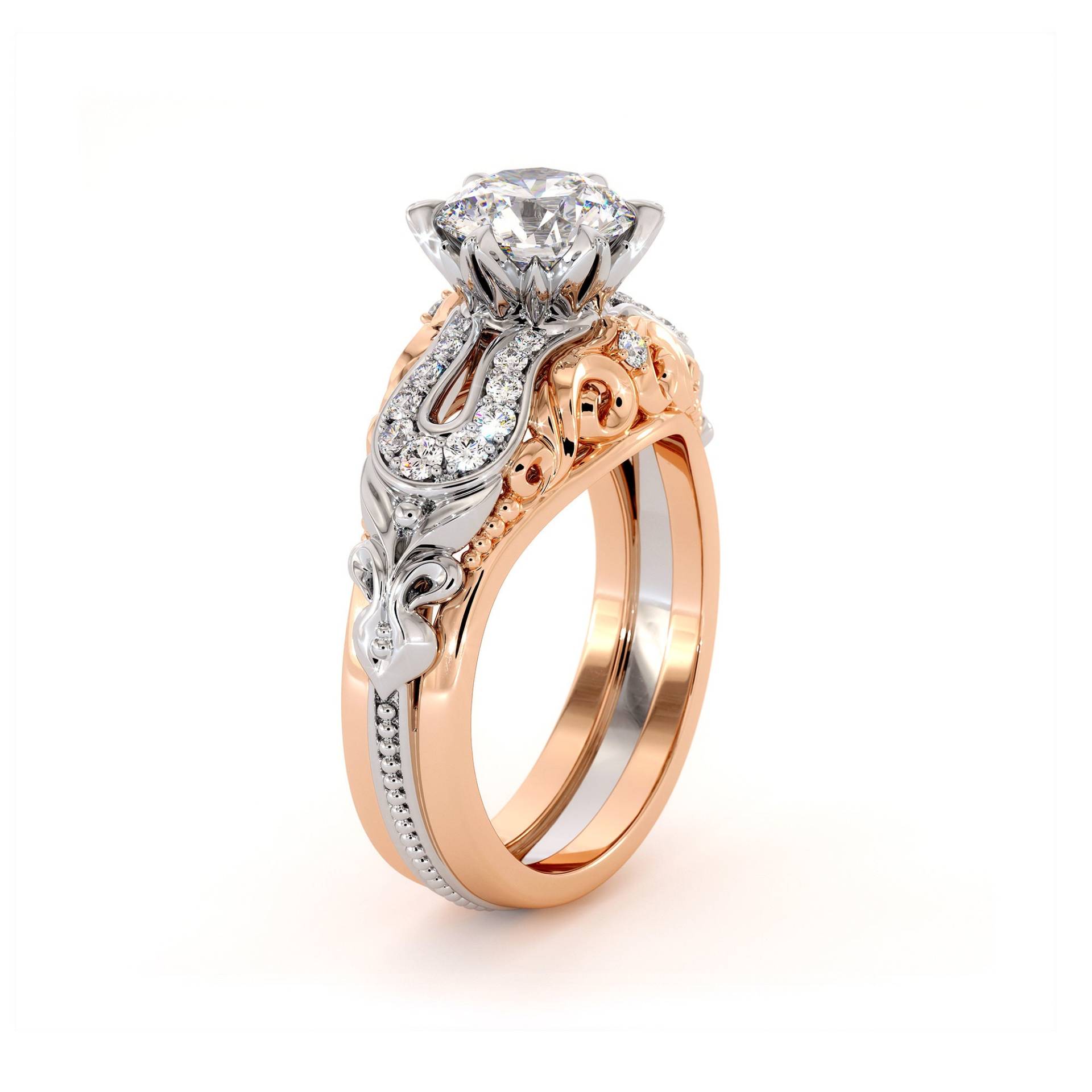 Einzigartige Filigrane Diamanten Verlobungsring Weiß & Rose Gold Moissanite Deluxe Ring von AyalaDiamonds