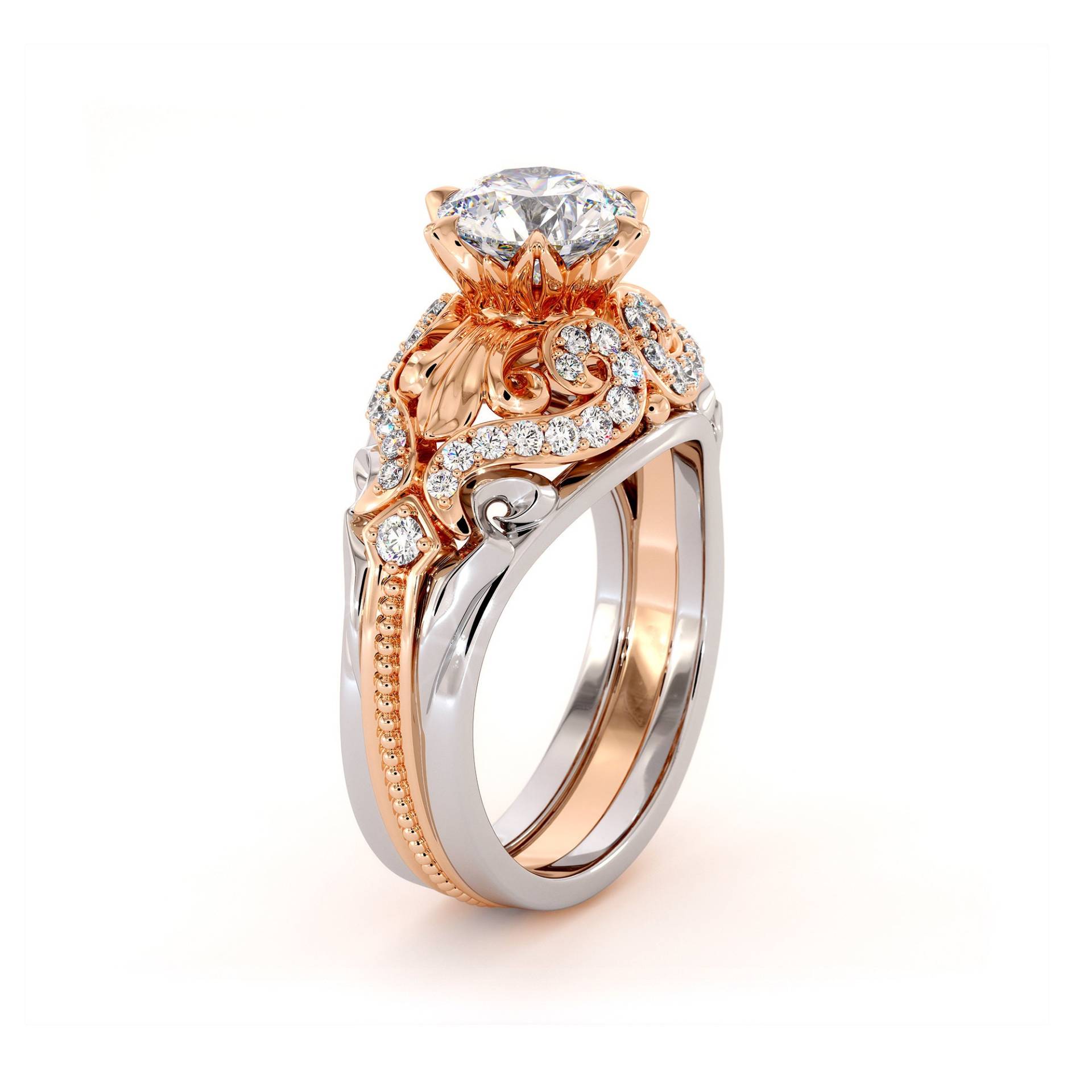 Einzigartiger Moissanite Verlobungsring 14K Two Tone Gold Natürliche Diamanten Ring von AyalaDiamonds