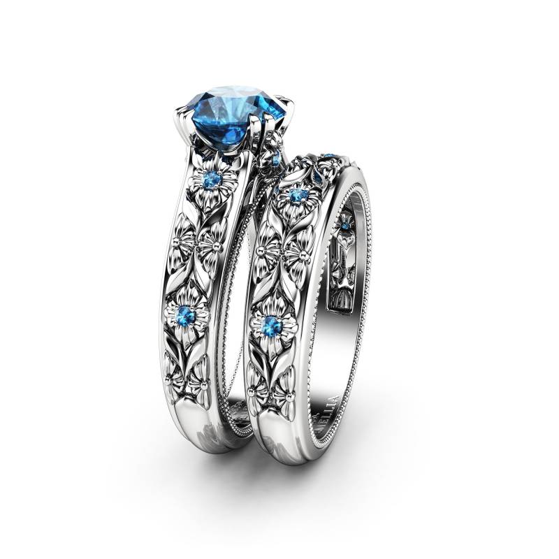 Filigrane Blumen Blau Diamant 14K Weißgold Ehering Set von AyalaDiamonds