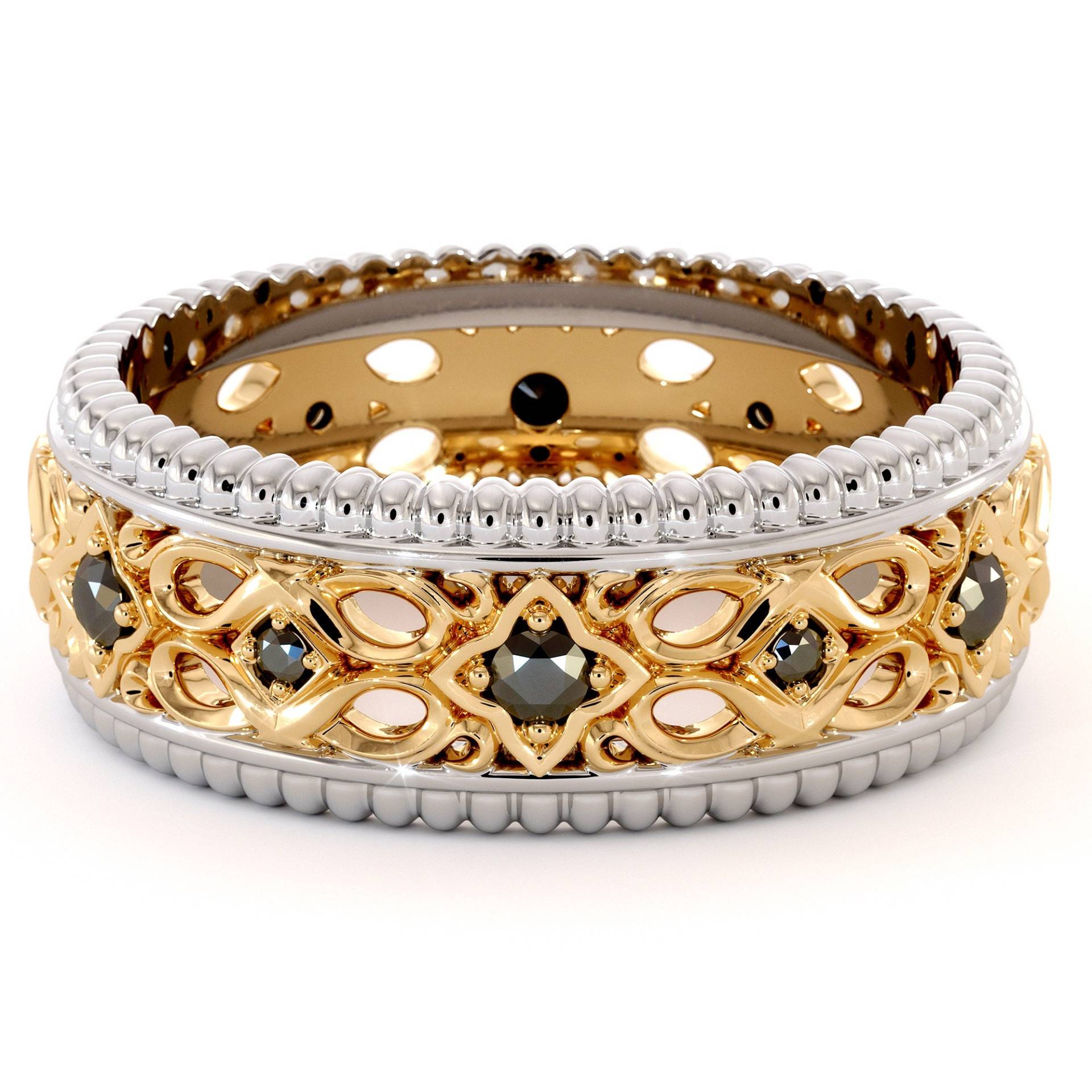 Filigraner Art Deco Black Diamond Ehering - 14K Gold von AyalaDiamonds