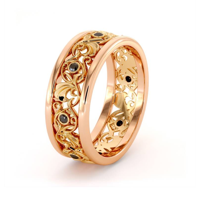 Filigraner Black Diamond Damen Trauring-Ehering Rose & Gelbgold-14K Zweifarbiger Ehering von AyalaDiamonds