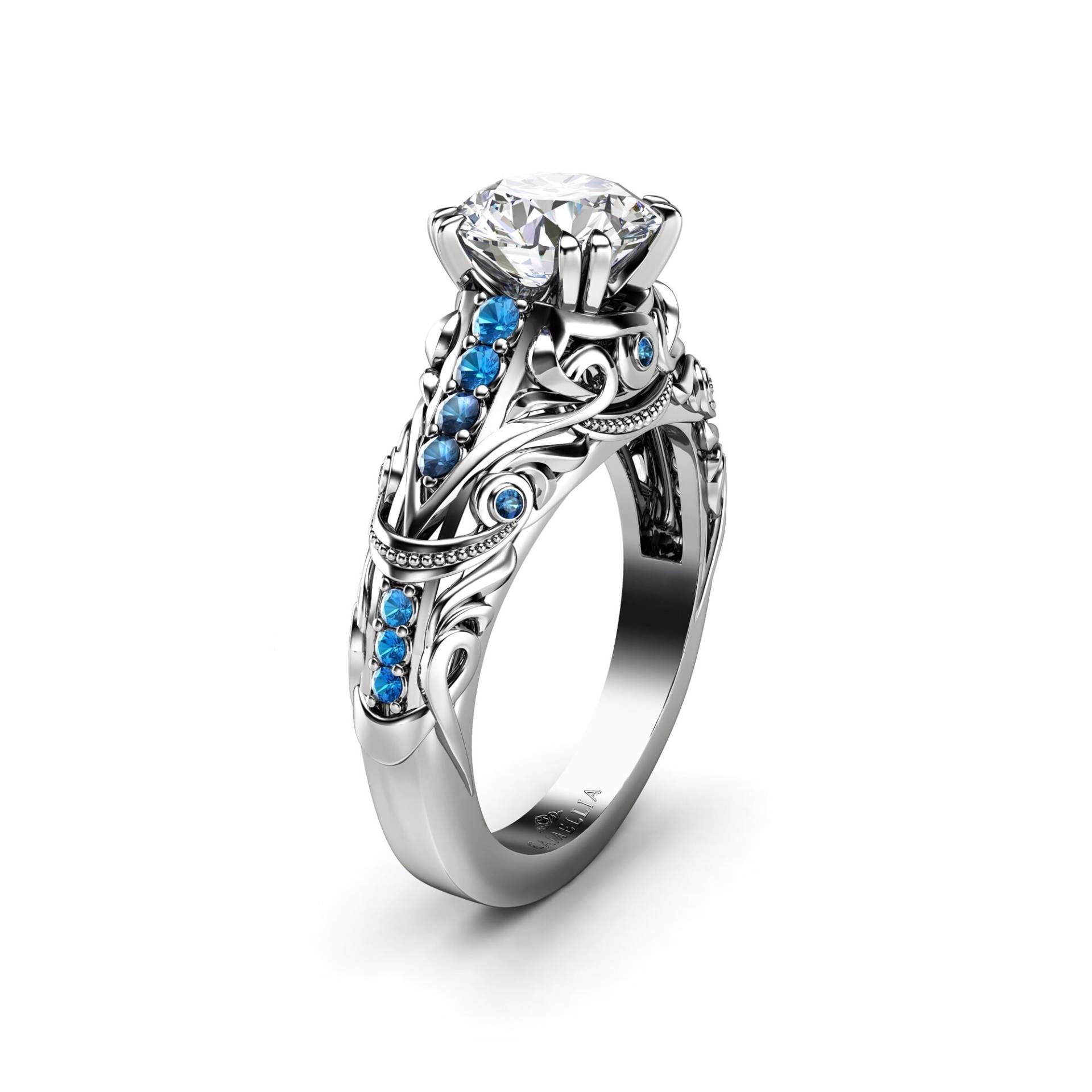 Filigraner Diamant Verlobungsring 14K Weißgold, Blaue Akzente von AyalaDiamonds