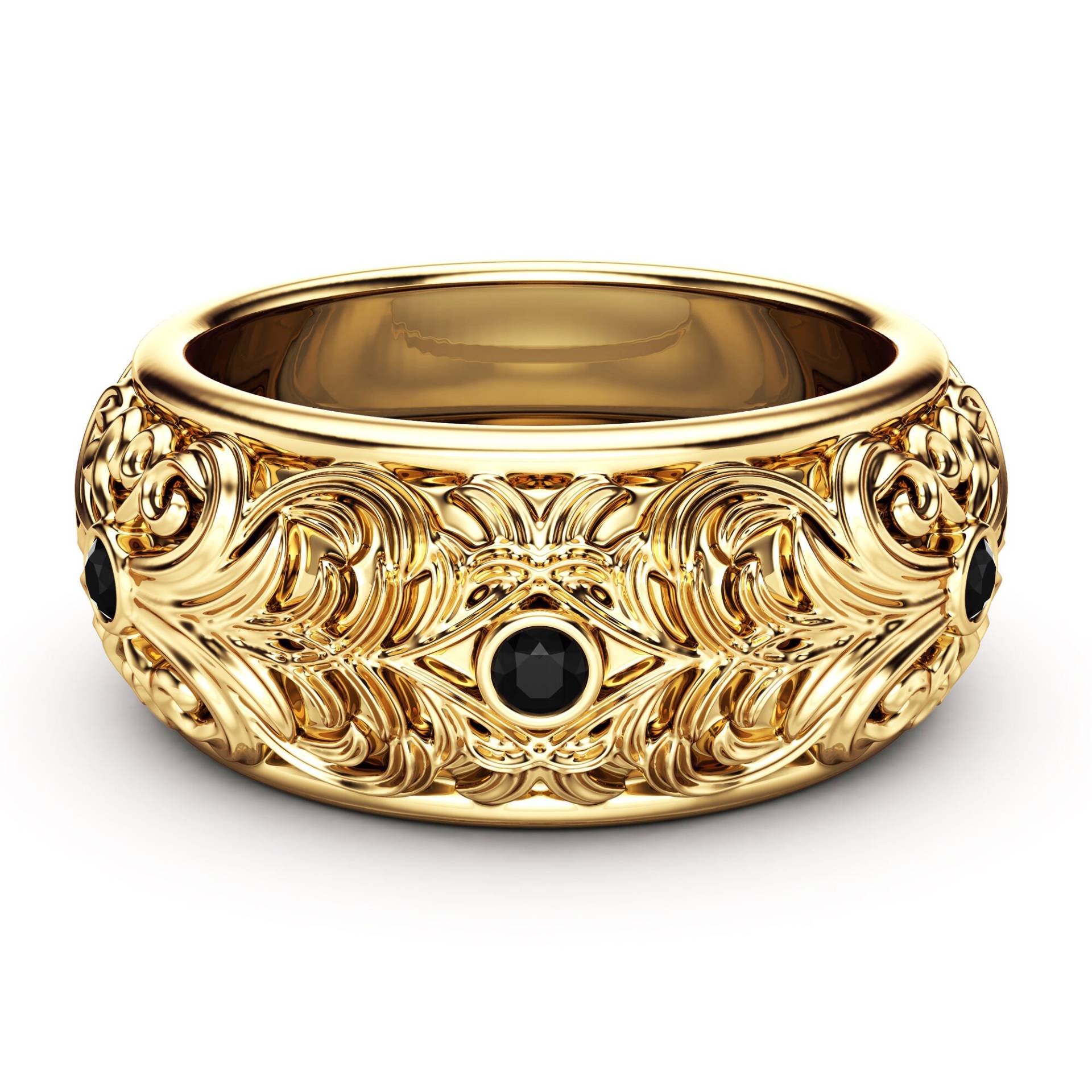 Filigraner Hochzeitsring Mit Schwarzem Diamant - 14K Gelbgold von AyalaDiamonds