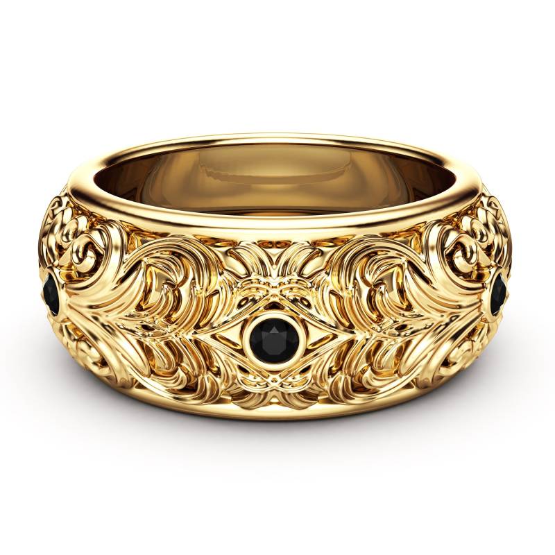 Filigraner Hochzeitsring Mit Schwarzem Diamant - 14K Gelbgold von AyalaDiamonds