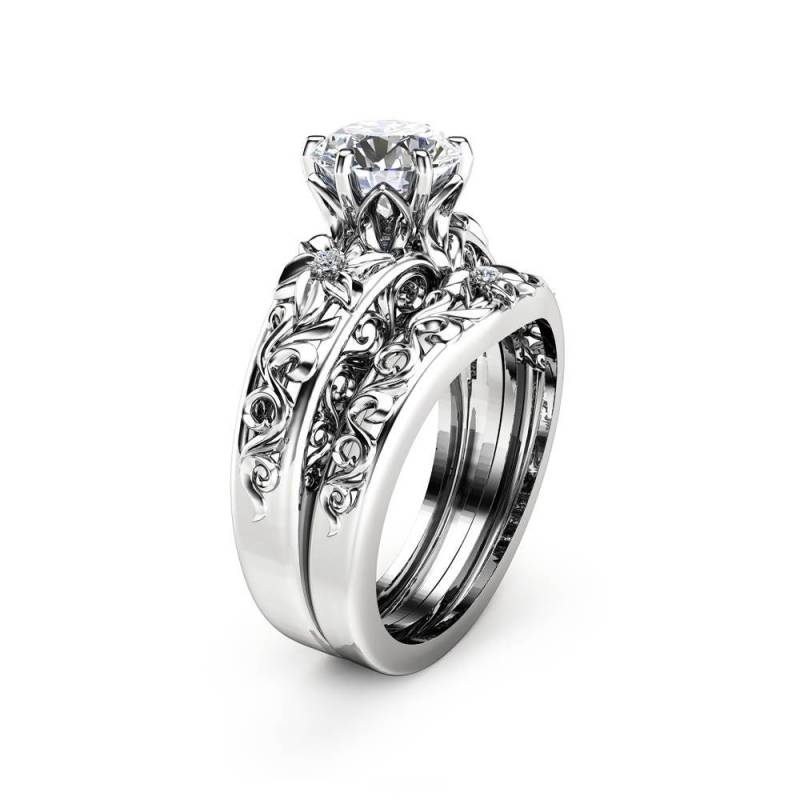 Lab Diamant Verlobungsring Set 14K Weißgold Filigree Ehering von AyalaDiamonds