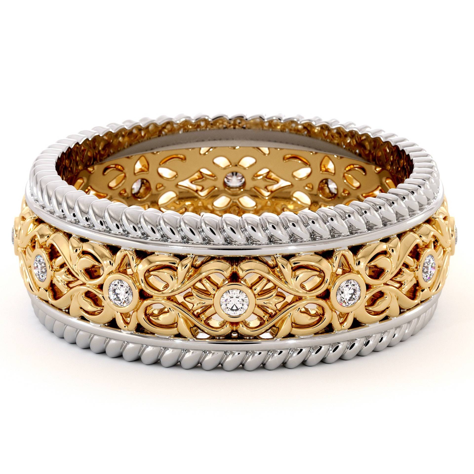 Lab Diamond Herren Ehering 14K Zweifarbiger Gold Blumenring von AyalaDiamonds